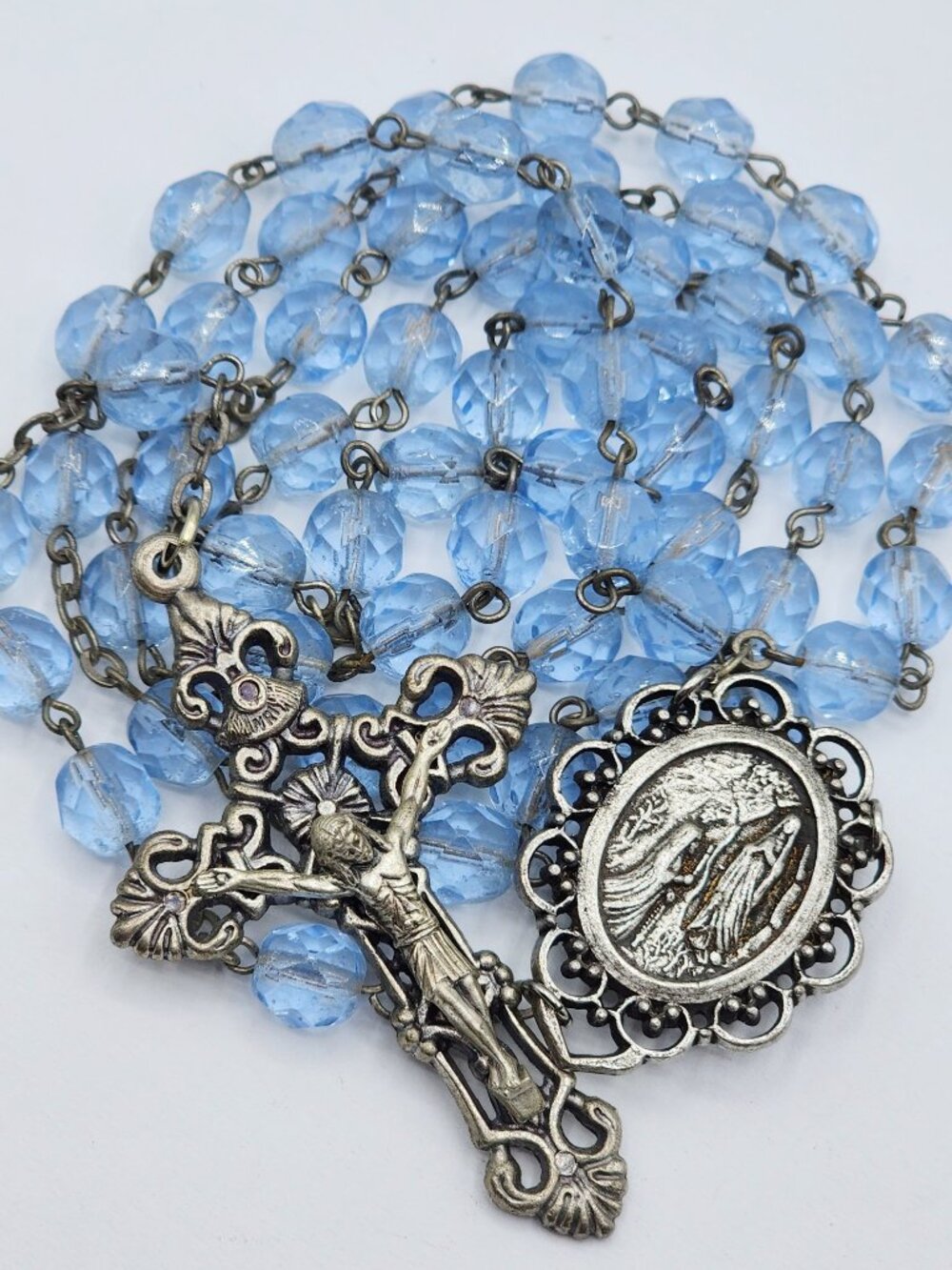 Vintage Our Lady of Lourdes Rosary Blue Faceted Glass Beads Holy Water Italy